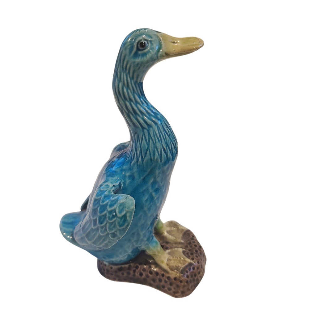 Vintage Chinese Export Mud Duck Figurine Blue Glaze Unmarked 6.5" Tall